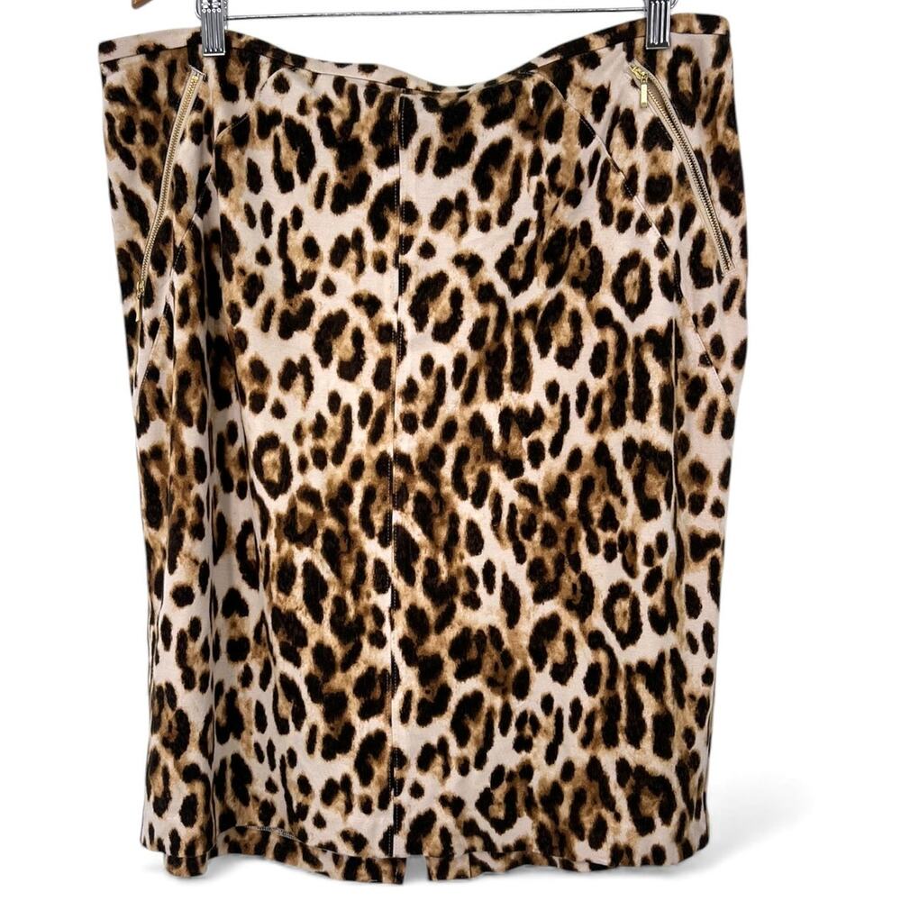Chico's leopard print pencil skirt faux pockets Gold zipper Short animal XL/16